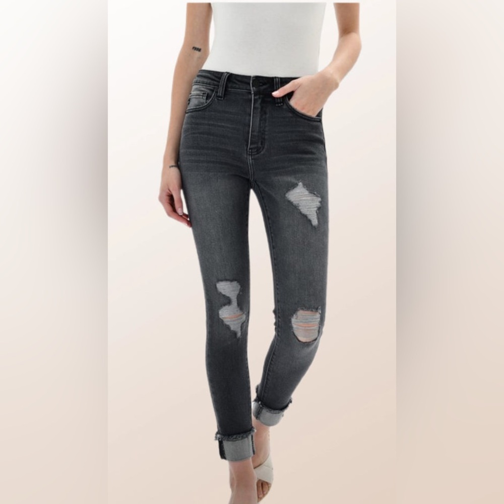 KanCan High Rise Distressed Cuffed Ankle Jean Washed Gray